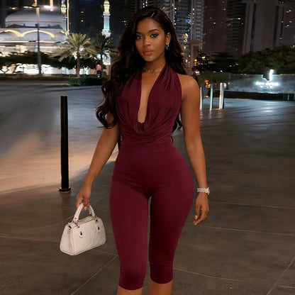 Summer Fashion New Women Sexy Jumpsuit Plunge Halterneck Backless Lace-up Solid Color Ruched One Piece Romper Capri Jumpsuits