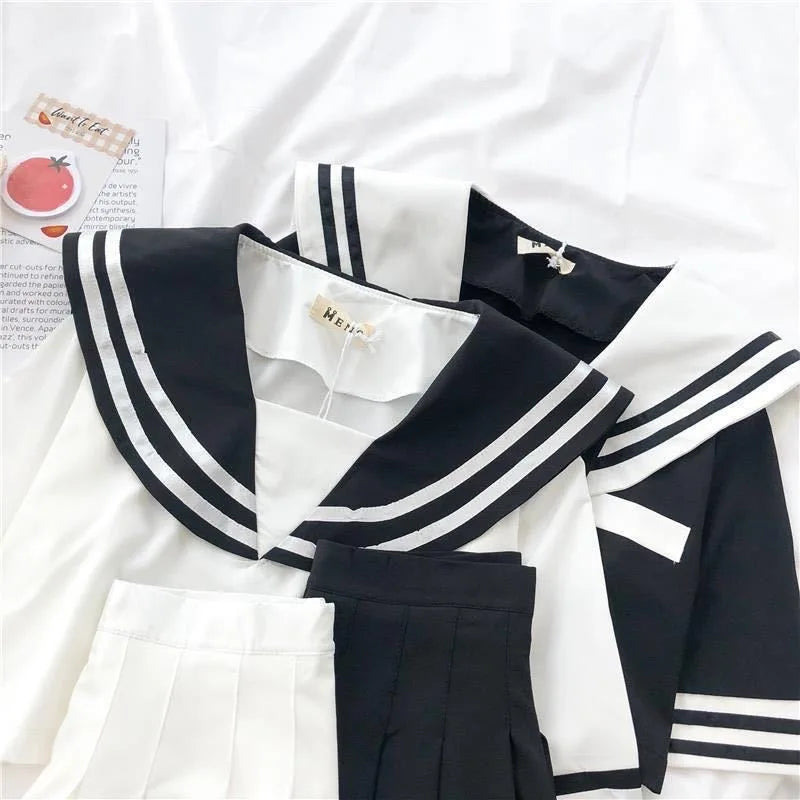 Japanese New Sailor Suit White and Navy Summer Women Student JK Uniform Suit College Style Girls Short Top Pleated Skirt Sets
