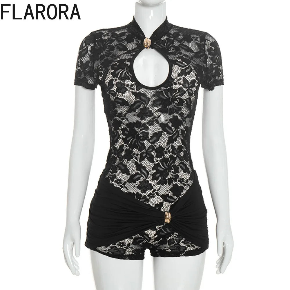 FLARORA Sexy Lace See Through Rompers Woman Hollow Metal Buckle V Neck Short Sleeve Ruched Patchwork Skinny Peach Hip Playsuits