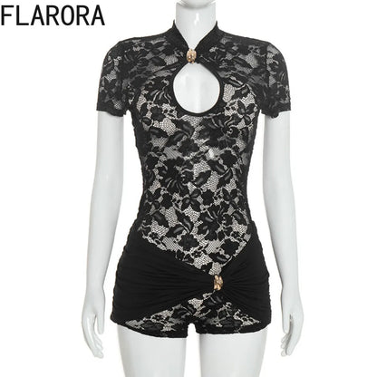 FLARORA Sexy Lace See Through Rompers Woman Hollow Metal Buckle V Neck Short Sleeve Ruched Patchwork Skinny Peach Hip Playsuits
