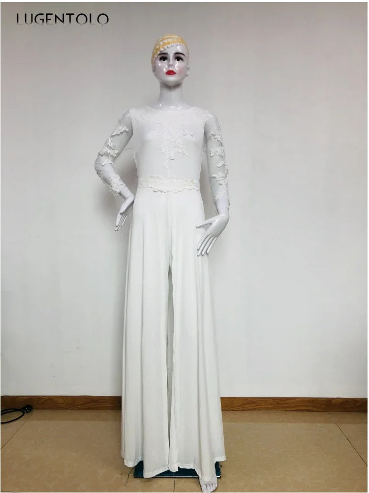 Women Jumpsuit Party Autumn New Female Sexy Perspective Lace Long Sleeve Slim-fit Solid Fake Two-piece Jumpsuits Lugentolo