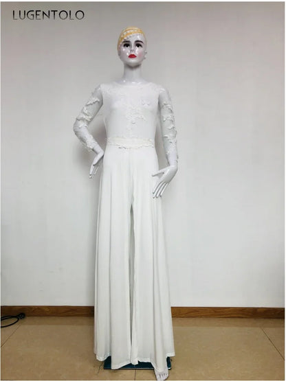 Women Jumpsuit Party Autumn New Female Sexy Perspective Lace Long Sleeve Slim-fit Solid Fake Two-piece Jumpsuits Lugentolo