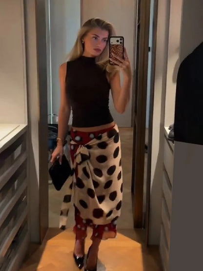 Bohemian Polka Dot Wrap Midi Skirt Women Chic Irregular Hem Layered Chiffon High Waist Skirt Summer Party Vacation Beachwear