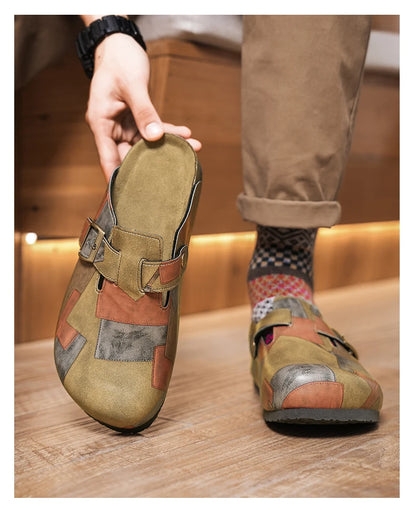 Unisex Cork Closed Toe Slippers Slip-on Clogs Slides Fashion Leather Sandals with Adjustable Buckle Backless Comfort Footbed