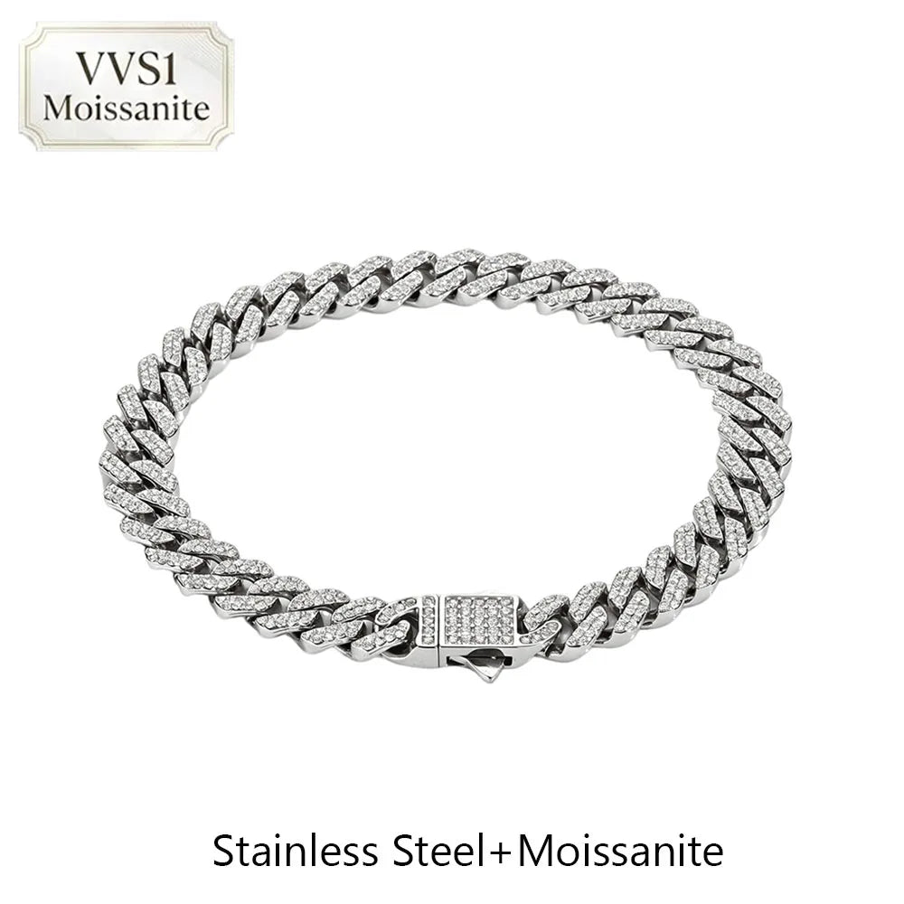 Hip Hop Fine Jewelry 8mm Stainless Steel Cuban Chain Iced Out 2 Rows VVS1 Moissanite Necklace Bracelet Miami Fashion For Men