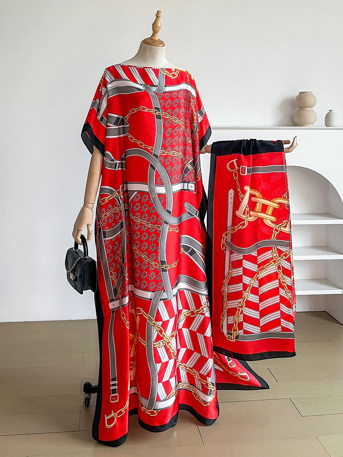 Popular Chain Print Boat Neck Modest Dress Elegant Batwing Sleeve Loose Maxi Dress With Hijab African Women's Clothing
