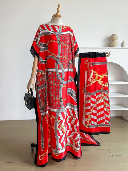 Popular Chain Print Boat Neck Modest Dress Elegant Batwing Sleeve Loose Maxi Dress With Hijab African Women's Clothing