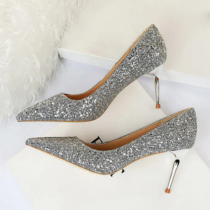Women 7cm 9.5cm High Heels Pumps Wedding Bridal Scarpins Sparkly Mid Heels Lady Party Sequins Glitter Evening Gold Silver Shoes