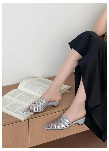 2026 Summer Luxury Fashion Designer Slippers Women Lace Mesh Square Toe Slip On Mule Slippers Low Heel Sandal Casual Shoes Muje