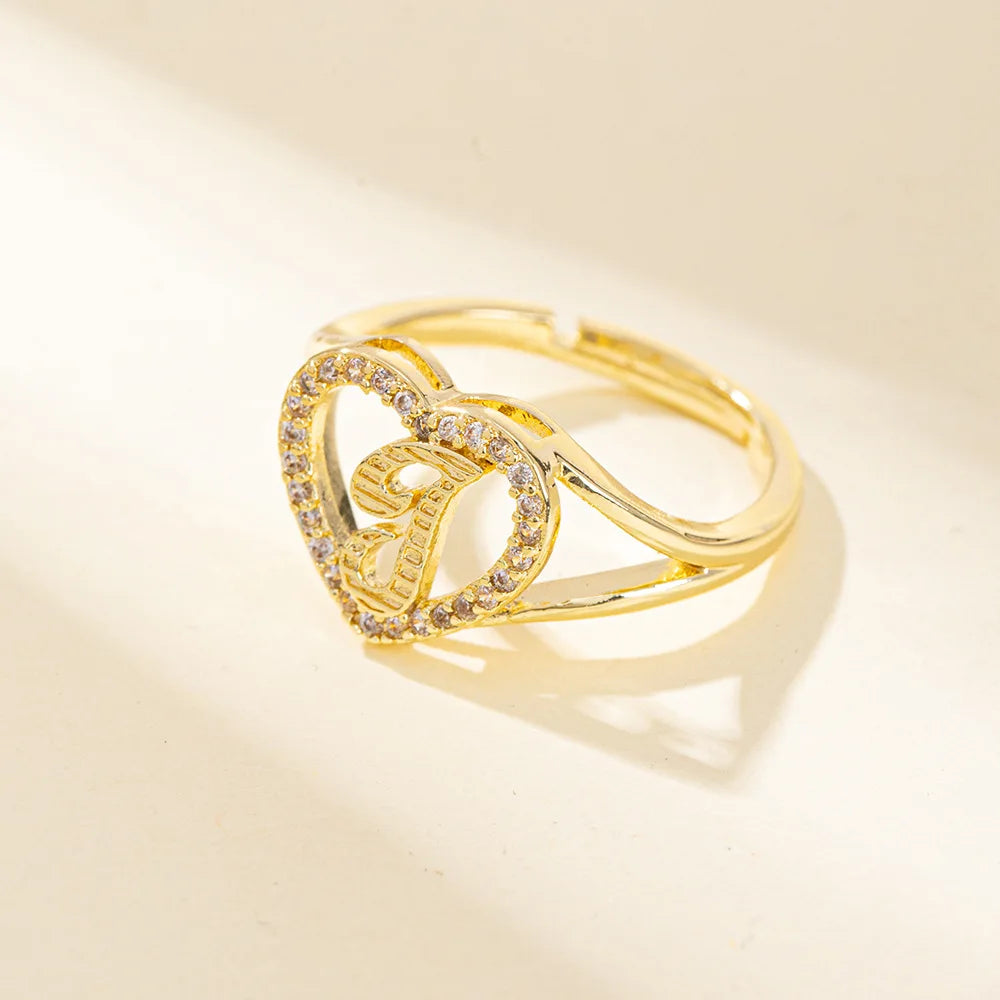 White Zircon 26 Letters A-Z Love Heart Open Adjustable Rings For Women Gold Silver Color Wedding Band Jewelry Mother's Day Gifts
