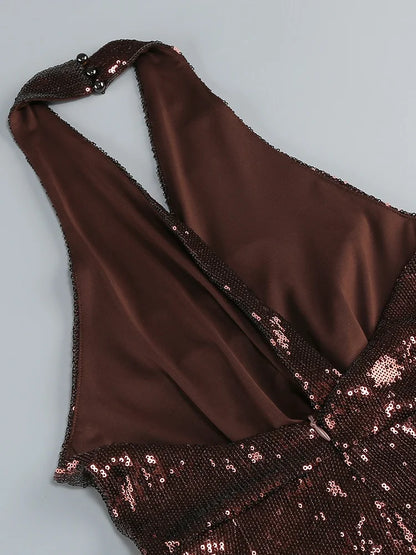 VC Gold Elegant Jumpsuits For Woman Luxury Brown Sequins Design Fashion Party Sexy Backless Sleeveless One Piece Female Clothing