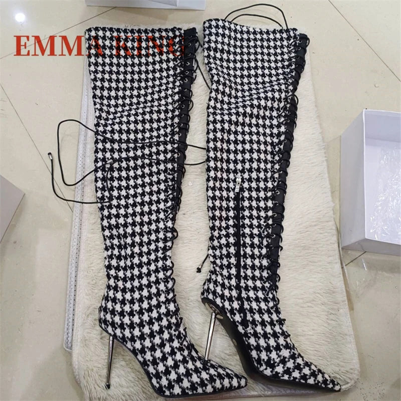 Women Plaid Lace Up Boots Sexy Pointy Toe Stiletto Heel Long Boots Ladies Fashion Footwear Non- Stretch Fabric Botas De Mujer 44