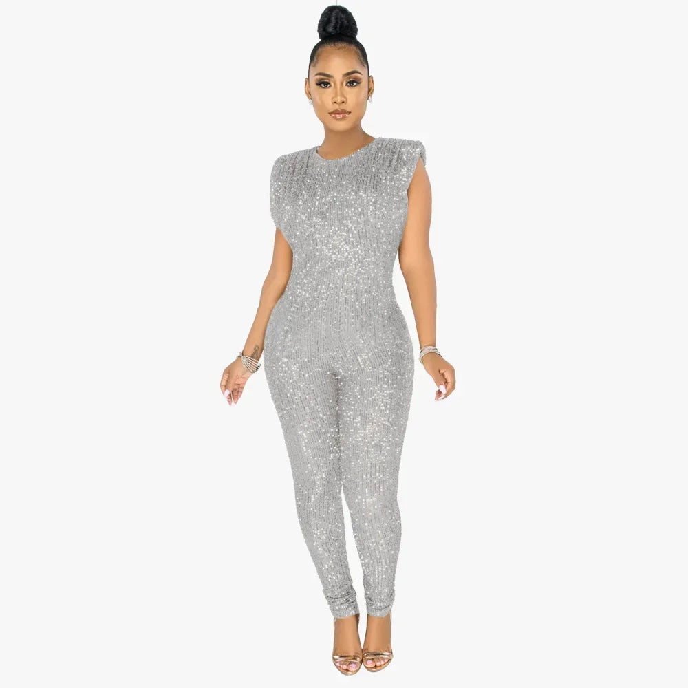 Women Sequins Sexy Jumpsuits New Sleeveless Party Skinny Solid Club Female Elegant Fashion Street Casual Belt Not Included