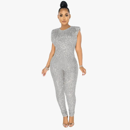 Women Sequins Sexy Jumpsuits New Sleeveless Party Skinny Solid Club Female Elegant Fashion Street Casual Belt Not Included
