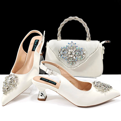 Hot Selling Elegant Noble Colorful Rhinestone Design White Color Party Wedding Pointed Toe High Heel Women Shoes and Bag Set