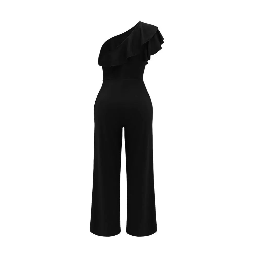 Casual Women's Solid Color Jumpsuits Summer Oblique Collar Black Ears High Waist Wide-leg Pants Fashionable Summer Jumpsuits