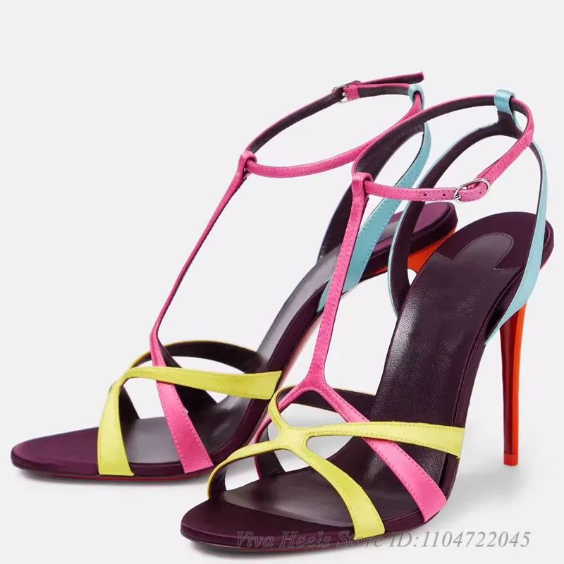 Colorful Leather T-strap Open Toe Sandals Women's Sexy Metallic Sliver/Pink High Heels Luxury Designer Fashion Party Shoes