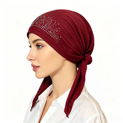 Fashion Muslim Headscarf Hat for Women Thin Summer Inner Hijab Caps Solid Color Diamond Turban Bonnet India Headwrap
