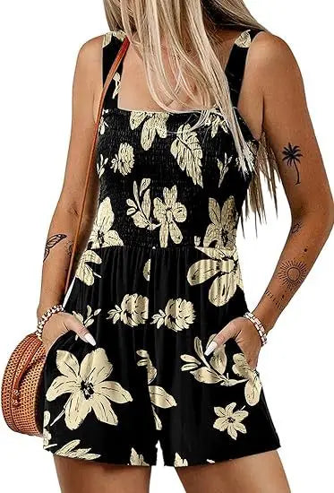 Femmes Print Jumpsuit Fashion Boho Beach Party Jumpsuits Lady Casual Sleeveless Pockets High Waist Shorts Jumpsuits Summer New