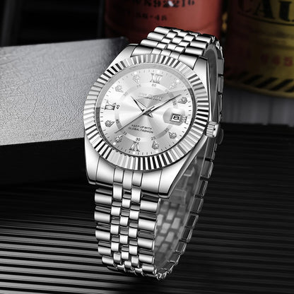 Luxury Rhinestone Roma Dial Men Business Watches Fashion Men's Calendar Quartz Watch with Stainless Steel Strap (Without Box)