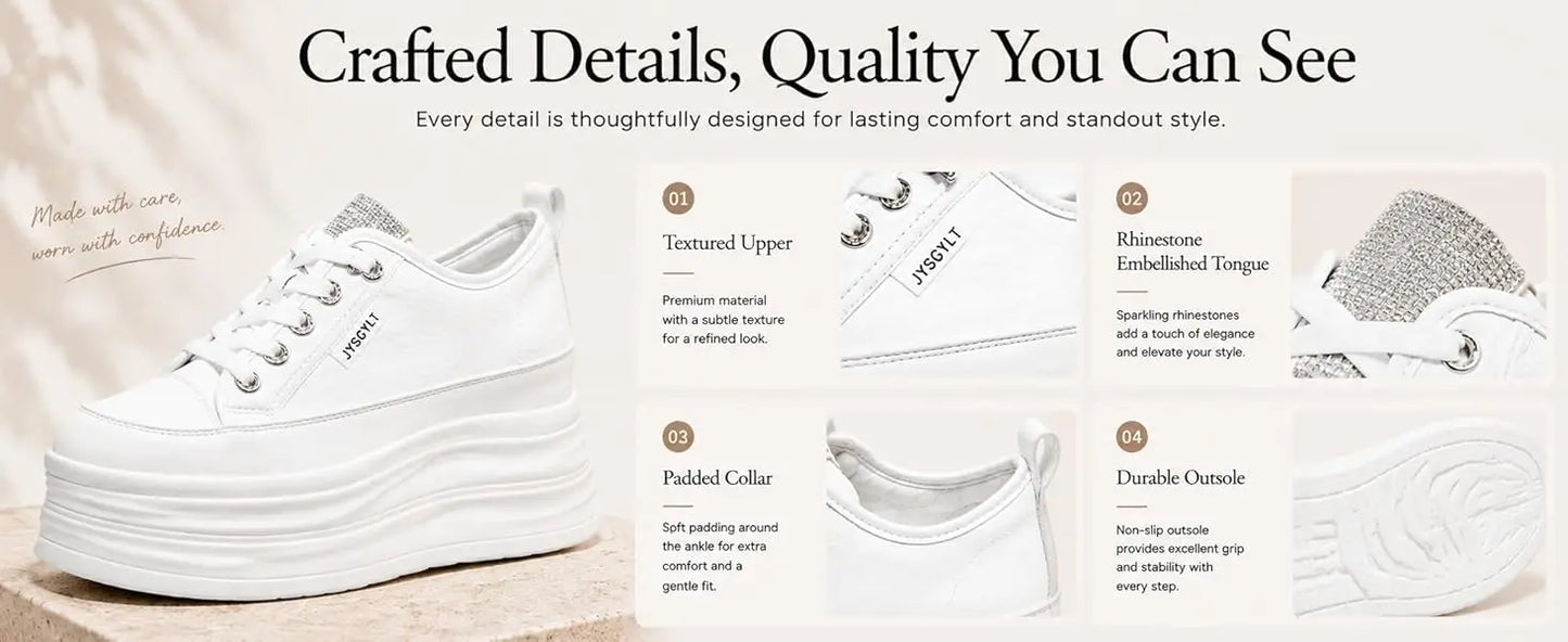 Fujin Casual Shoes For Woman Shoes on Platform Heel Shoes 9 cm 3 inch  White Comfortable High Heel Hidden Chunky Wedge Sneakers