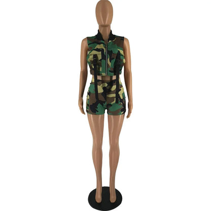 Camouflage Print Shorts Two Piece Set for Women Sleeveless Button Pockets Zipper Vest Crop Top and Shorts Matching Sets Outfits