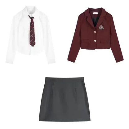 Korean Style Girls JK Uniform Suit Daily Red Blazer Coat Sexy Slim JK Wrap Buttock Skirt Women Preppy Summer School Uniform Suit