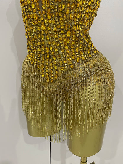 Luxury Golden Rhinestone Sexy Mesh Stretch Bodysuits Women Birthday Dancer Performance Stage Wear Nightclub Team Hotwife Outfit