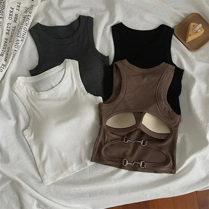 New Women Sports Tank Tops With Bra Pad Casual Crop Tops Backless Knitt Running Camisole For Women Streetwear Tops