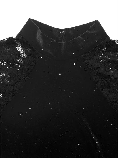 Benuynffy Mock Neck Long Sleeve Lace Body Top Women's Autumn 2025 Sexy Party Elegant Glitter Velvet Stretch Slim Female Bodysuit