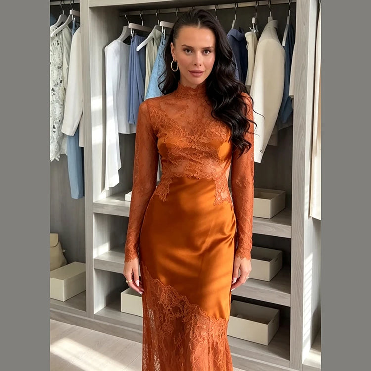 Women Slim Fit Lace Satin Mermaid Gown High Neck Long Sleeve Cutout Back Maxi Dress Female Formal Wedding Guest Party Dresses