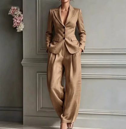 Autumn New Women's Long-sleeved Suit Shirt 2-piece Set Fashion Pocket Suit Collar Slim Temperament Female Office Trousers Suit
