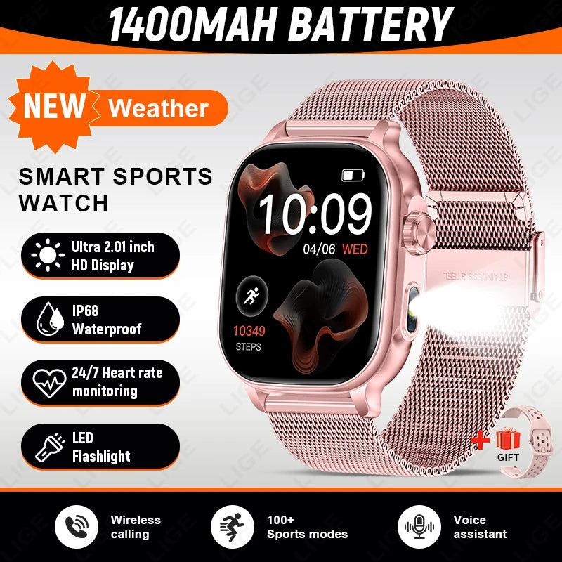 LIGE Militray 1400mAh Large Battery Smart Watch For Men 2.01 inch HD Screen 100+Sports Mode Bluetooth Call Men Women Smartwatch