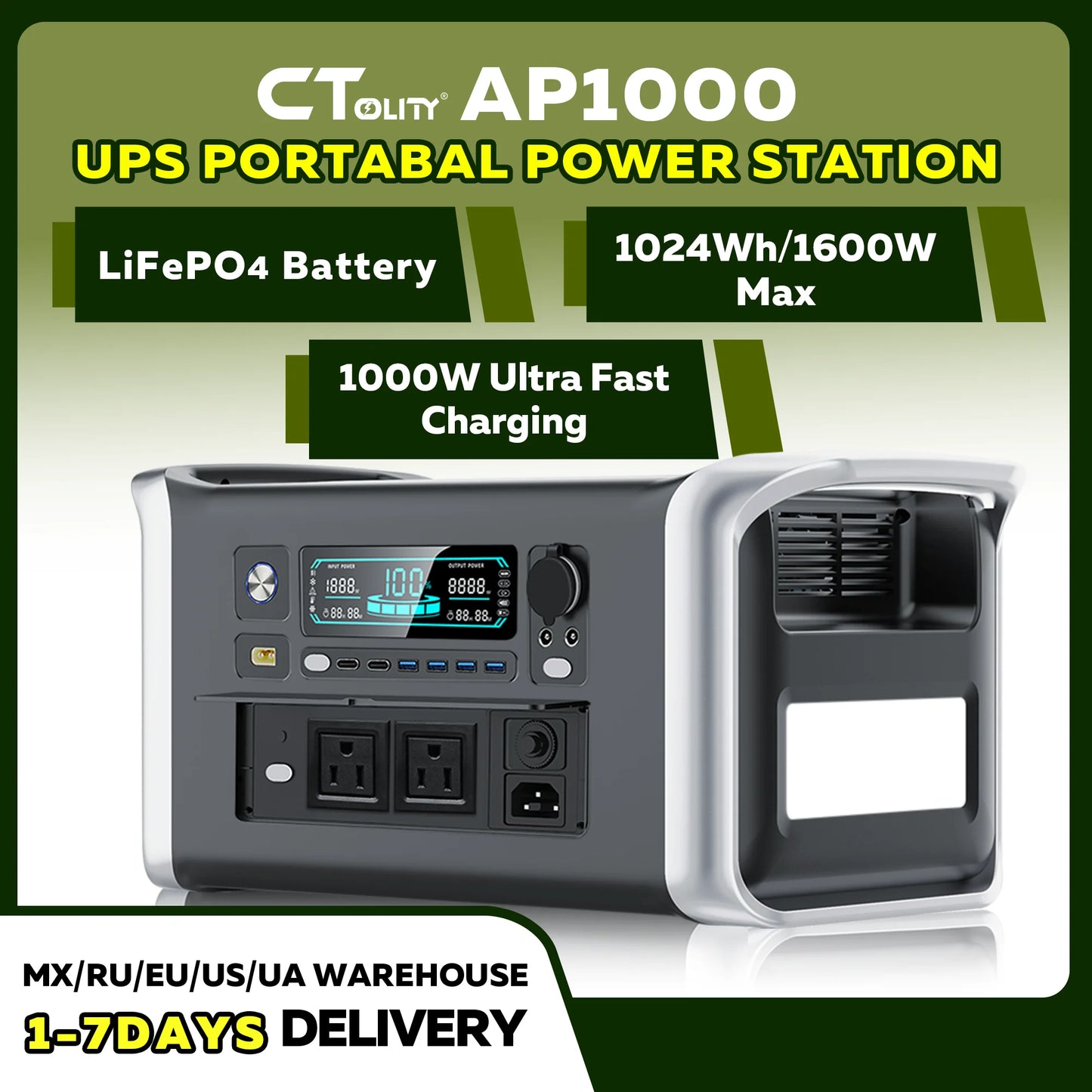 CTOLITY AP1000 1600W Portable Power Station 1024Wh Solar Generator LiFePO4 Battery Camping Travel Blackout Pure Sine Wave