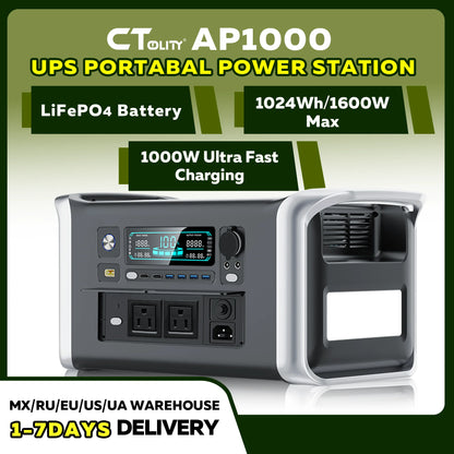 CTOLITY AP1000 1600W Portable Power Station 1024Wh Solar Generator LiFePO4 Battery Camping Travel Blackout Pure Sine Wave