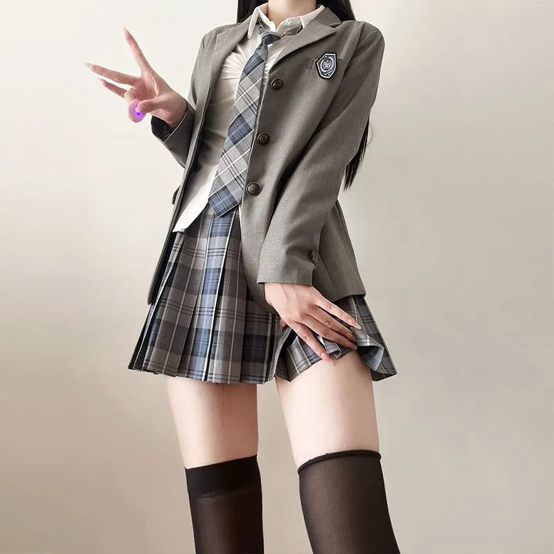 JK Uniform Suit Plaid Skirt Suit Slim Girl Pure Desire Pink Summer School Sister Battle Robe Tight School Uniform