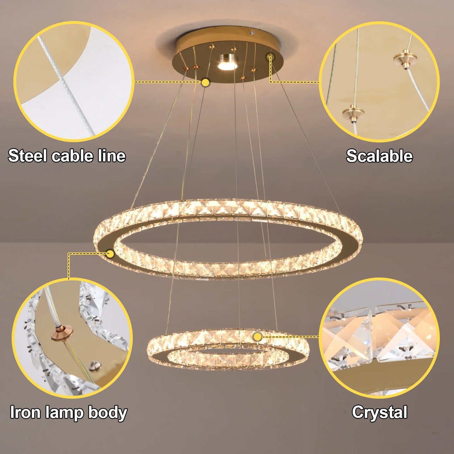 Modern LED Luxury Crystal Chandelier Villa Staircase Living Room Dimming Circular Gold Chandelier Home Lighting Indoor Light