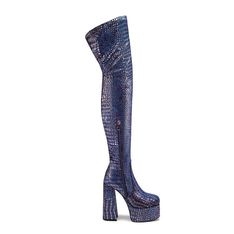 15CM Chunky Heel Platform Woman Over-the-knee Snake Pattern Boots Wild T Show Shoes Sexy Slimming Stretch Thigh Boots For Women