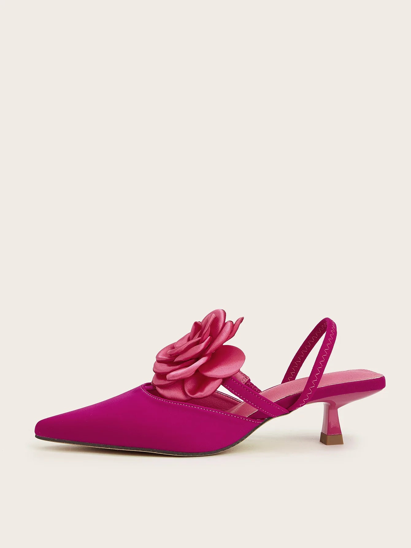 INSIGHTLINK Pink Women's Pointy Toe Kitten Heels Slingback Pumps Elegant Satin Sandal Rose Flower Office Shoes Luxury Stilettos