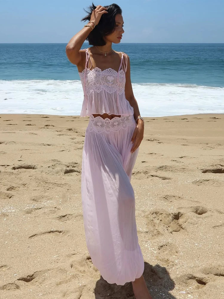 Beach Lace Hollow Out Women's Summer Pants Sets Lace Up Backless Spaghetti Strap Crop Top Loose Pleated Lantern Pant 2026 Suit