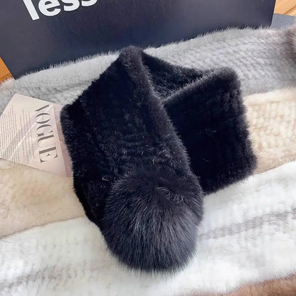 Mink Fur Scarf For Women Winter Warm Mink Fur Neck Warmer With Fox Fur Ball Double-Sided Real Fur Scarf Luxury Natural Fur Scarf