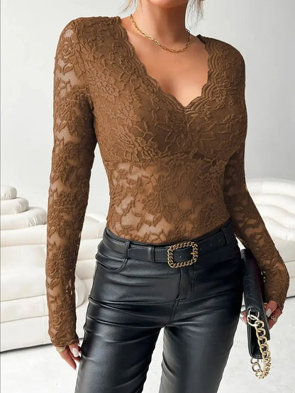 Women Lace V Neck Long Sleeve Sheer Mesh Floral Lace Top Slim Fit See Through Bodycon Jumpsuit for Party Clubwear Daily Wear
