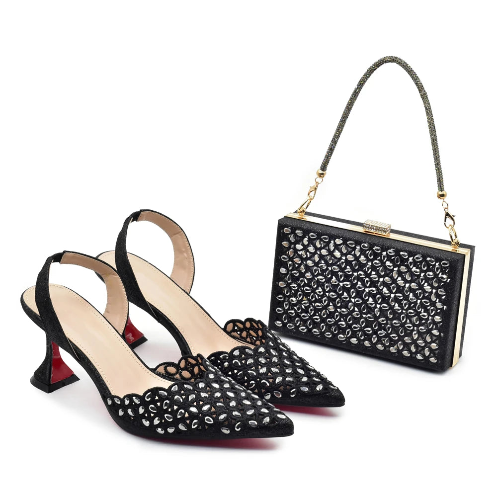New Design Nigerian Women Shoes and Bag Set Decorated with Rhinestone in Italy African Party Luxury Heel Shoes Pumps with Heels