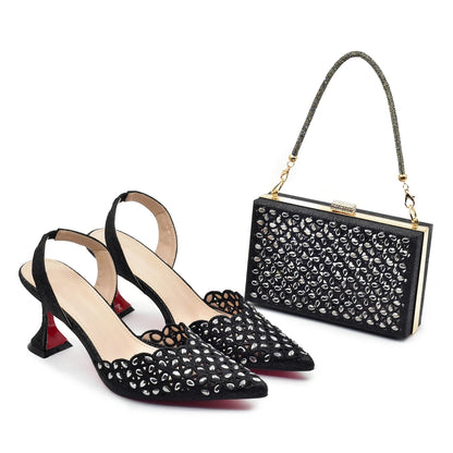 New Design Nigerian Women Shoes and Bag Set Decorated with Rhinestone in Italy African Party Luxury Heel Shoes Pumps with Heels