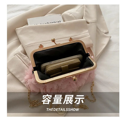 Luxury Women Chain Shoulder Bag Chiffon 3D Flower Banquet Bag Fashion Evening Bags Fashion Clutch Handbag Trendy Crossbody Bag