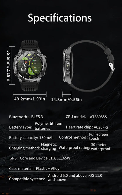 2026New Military Tank GPS SmartWatch Offline Map 10ATM Swim 2GB RAM Music Altitude Compass Bt Call Fitness Sports Smartwatch Men