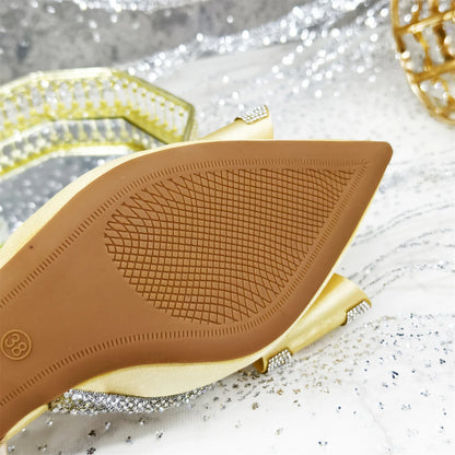 Elegant Gold Satin Rhinestone Bow Slingback Heel & Clutch Bag Set, Women Bridal Matching Kit For Wedding Party Evening Prom Form
