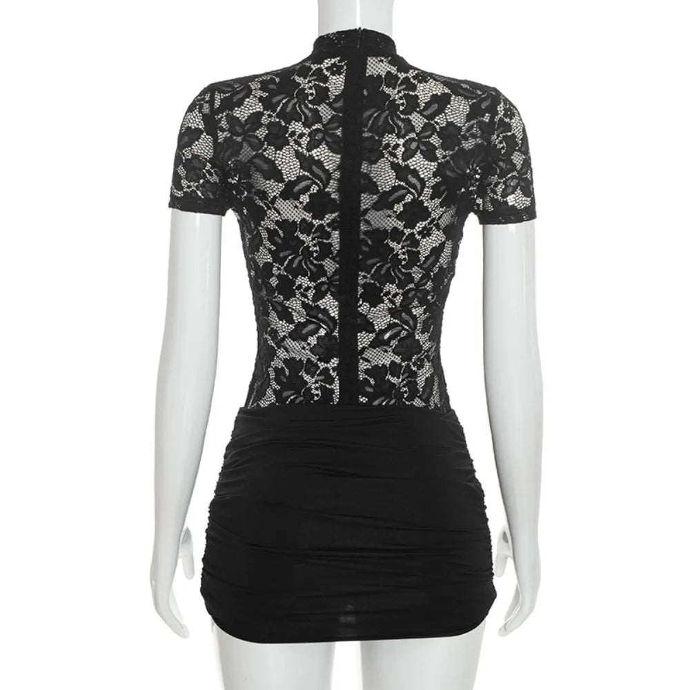 FLARORA Sexy Lace See Through Rompers Woman Hollow Metal Buckle V Neck Short Sleeve Ruched Patchwork Skinny Peach Hip Playsuits