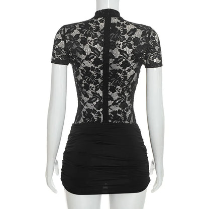 FLARORA Sexy Lace See Through Rompers Woman Hollow Metal Buckle V Neck Short Sleeve Ruched Patchwork Skinny Peach Hip Playsuits