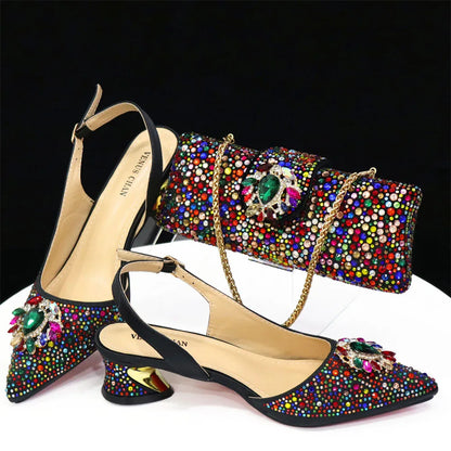 Purple 2024 Italian Design Girly Style Opend Toe Shoes And Bag Full Diamond Decoration with Appliques for Wedding Party